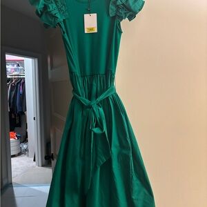 Gibson Latimer Emerald Green Ruffle-Sleeve Tie-Waist Midi Dress
